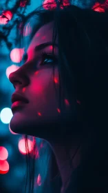 Woman’s side profile illuminated by pink and blue bokeh lights