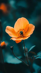 Vibrant Orange Poppy with Dark Stamen Against Teal Background.