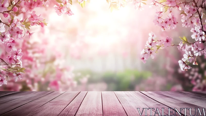 Pink flowering branches with wooden platform foreground.