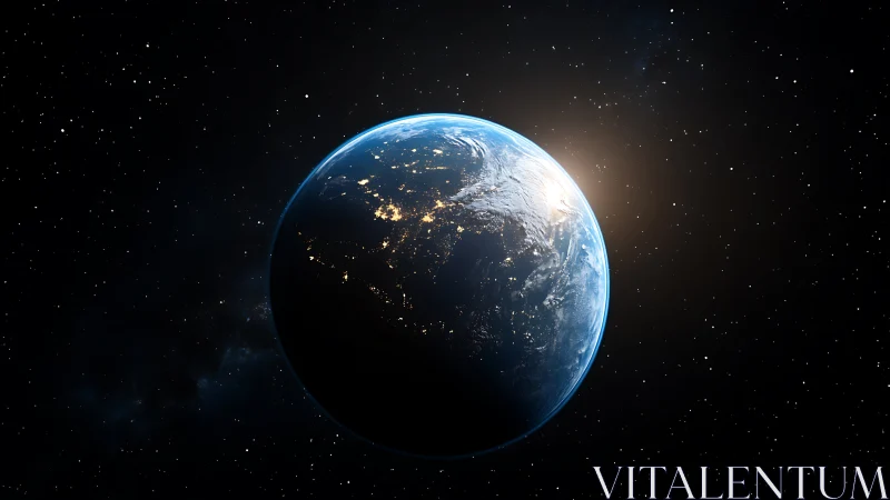 Planet Earth glows against deep space with dawn horizon light