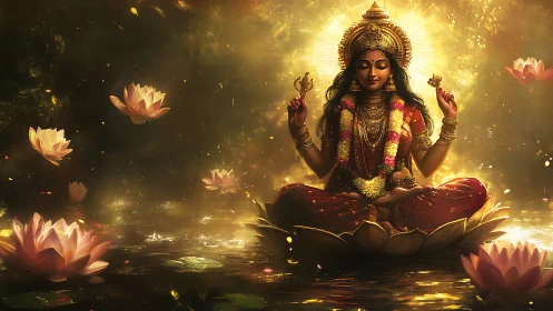 Goddess in red sits on lotus amid golden glowing water.