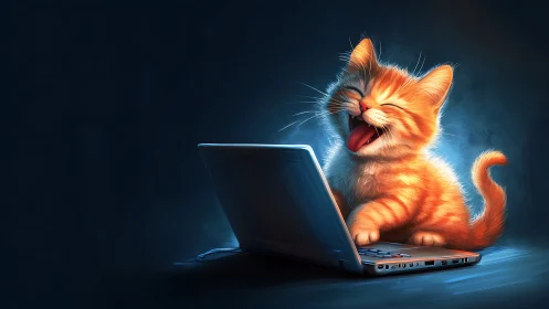 Glowing Orange Kitten Laughing at a Laptop.