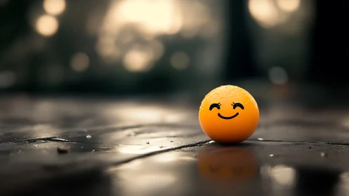 Smiling yellow emoji ball glows on a rainy city pavement