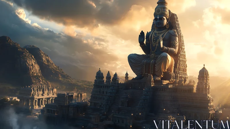 Monumental stone deity towering above sunlit temple city.