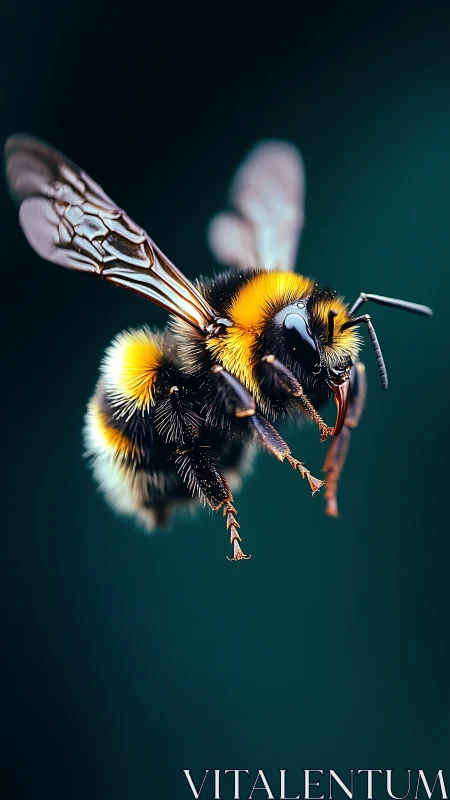 Gentle bumblebee in flight against a soft teal glow.