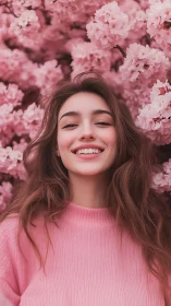 Smiling woman in pink sweater framed by blooming cherry blossoms.