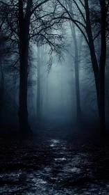 Nocturnal fog corridor through high-contrast deciduous forest.