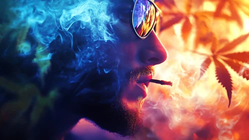 Man smoking joint amid colorful cannabis leaves and smoke.
