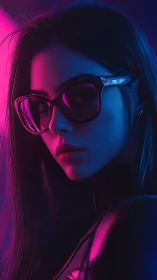 Portrait of woman in glasses under neon magenta and blue light.