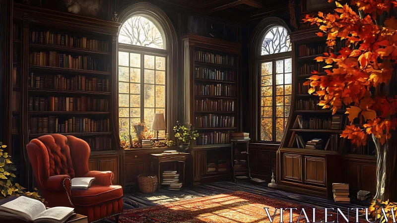 Autumn-lit library haven with a crimson reader&rsquo;s throne.
