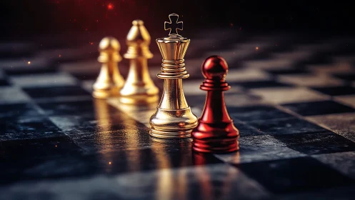 Golden chess king confronts red pawn on reflective board