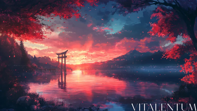 Torii gate at lakeside sunset under vivid red foliage.