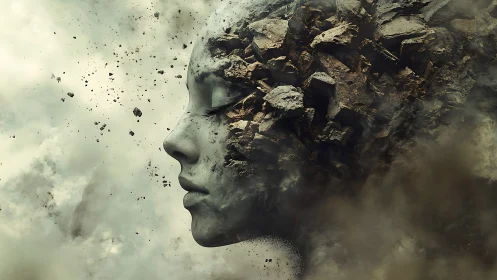 Stone muse unraveling into drifting memory duststorm.