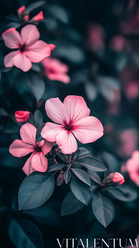 Pink flowers with dark foliage in selective focus photographic composition.