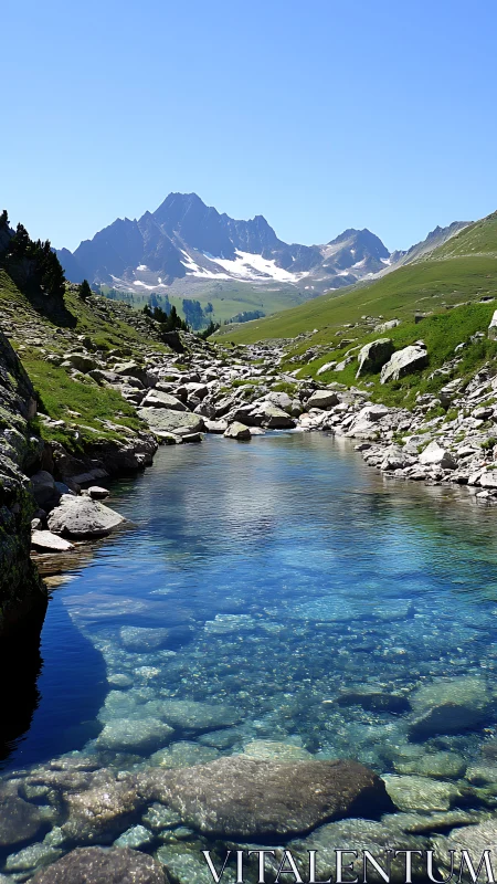 Sunlit alpine river winding gently beneath snowcapped peaks.