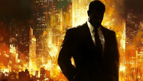 Silhouetted businessman stands against glowing cityscape at night.