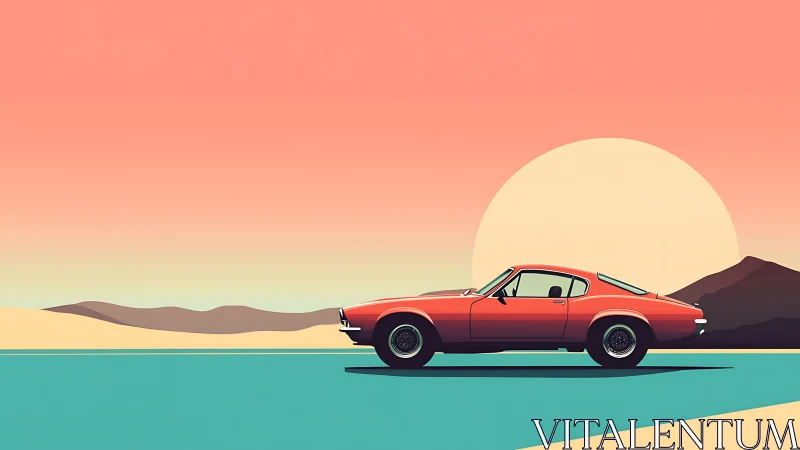 Sunset muscle car cruises through stylized desert road.