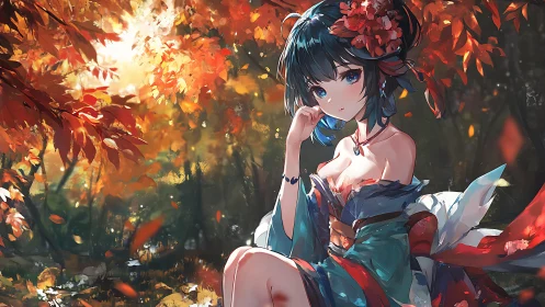 Autumn forest heroine in teal kimono under radiant foliage.