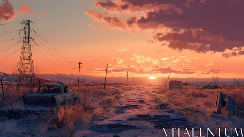 Abandoned rural highway dissolves into a luminous post-sunset horizon