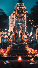 Radiant Ganesha idol glows amid festive temple lights at dusk