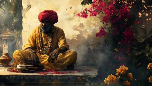 Seated turbaned man beside wall and flowering foliage.