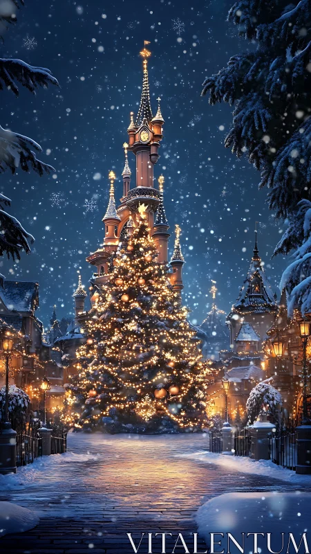 Enchanted winter castle glows around a storybook Christmas tree.