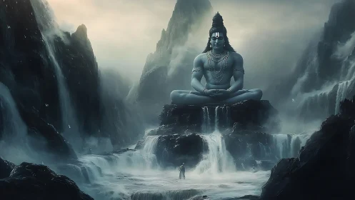 Large Shiva figure seated on rocky waterfalls in misty gorge.
