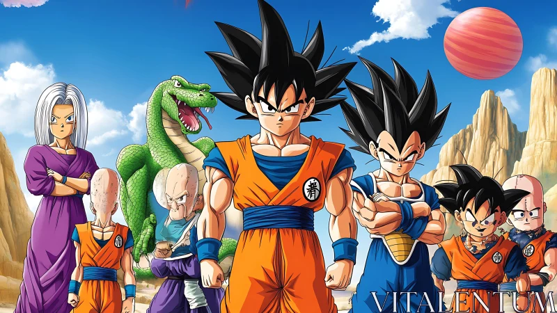 Anime warriors stand united under vivid alien sky.