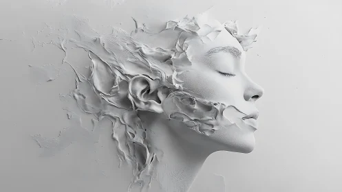 Monochrome sculpted female profile dissolves into peeling plaster