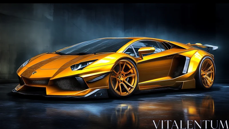 Golden widebody hypercar render in moody studio lighting