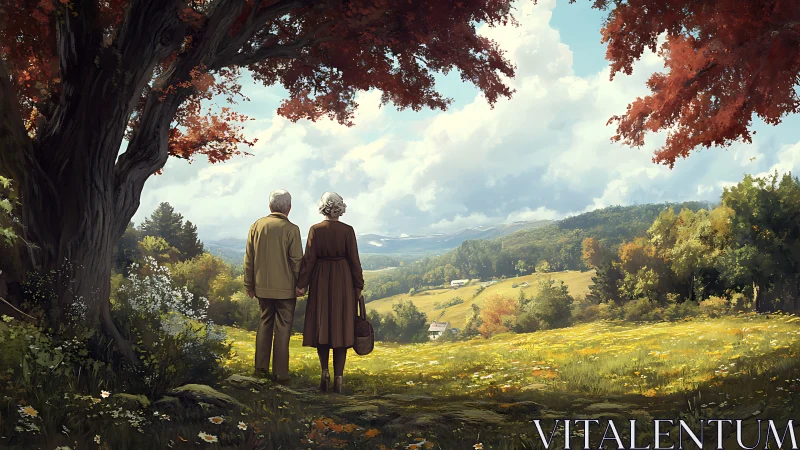 Elderly couple observes sunlit valley beneath red maple tree