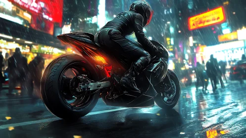 Neon-soaked sport bike races through a futuristic rainstorm