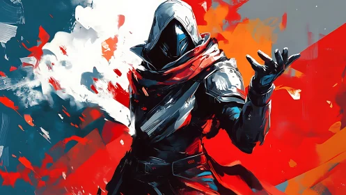 Hooded cyber warrior commands abstract red storm.