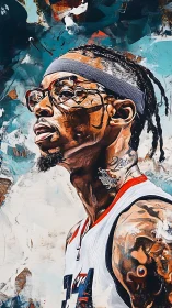 Dynamic basketball portrait rendered in bold painterly strokes.