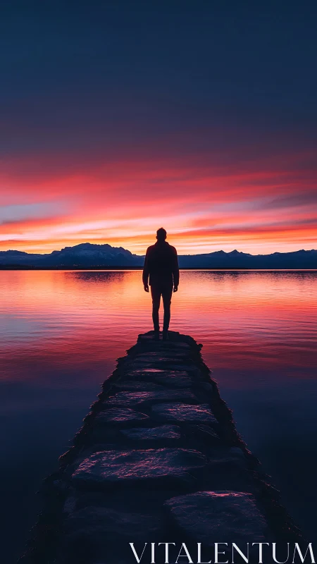 Solitary figure contemplates vivid sunset over calm lake.