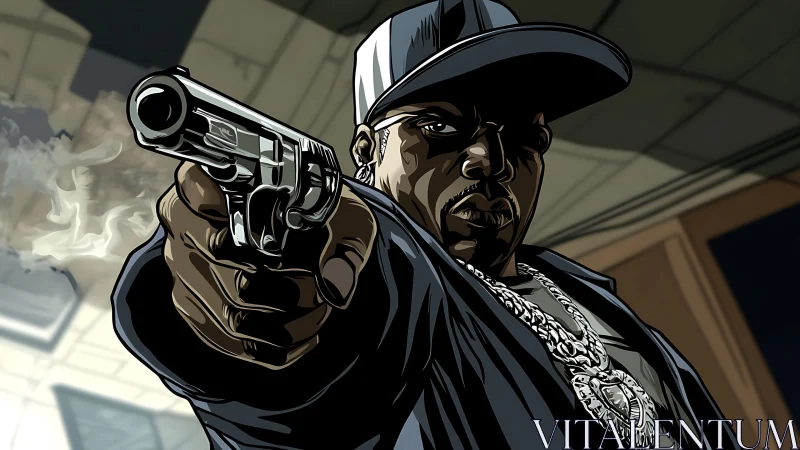 Urban enforcer levels a smoking pistol in hard-edged glare.