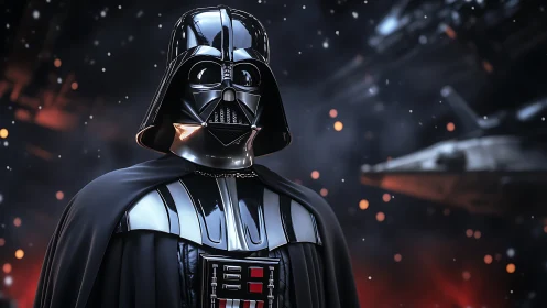 Photorealistic armored Sith figure in cinematic starfield portrait.