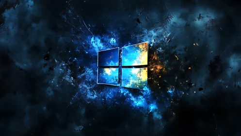 Shattered neon window emblem in cosmic energy burst.