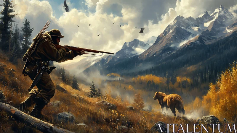Hunter aiming rifle at elk in dramatic alpine valley scene.
