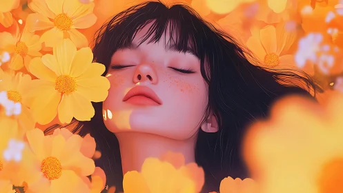 Freckled girl resting amid glowing orange cosmos flowers