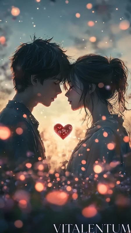 Two figures silhouetted against glowing particles embrace around heart