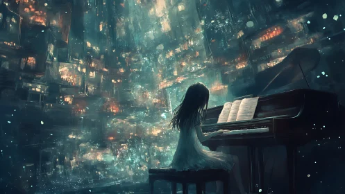 Solitary girl at grand piano amid luminous abstract cityscape