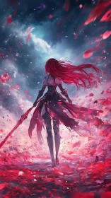 Armored figure with red sword amid swirling petals landscape.