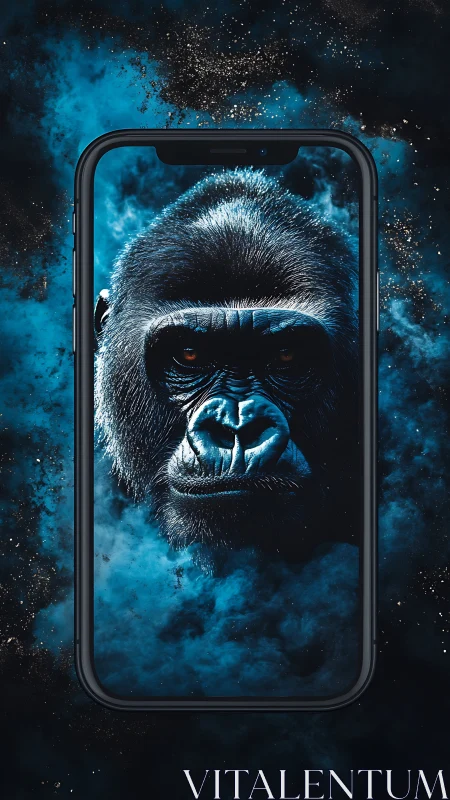 Cyberpunk gorilla portrait framed in smartphone display.