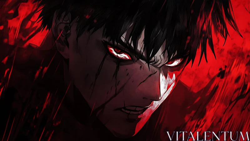 Vengeful anime warrior with glowing eyes in red storm.