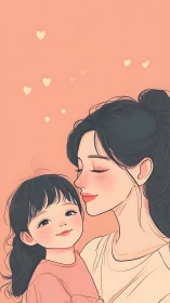 Mother and daughter share tender moment amid floating hearts on soft coral background.