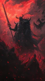 Armored hellknight commander with flaming greatsword in inferno