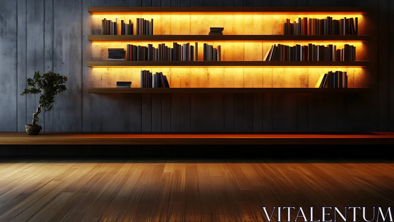 Minimalist wall library with warm backlit wooden shelves.