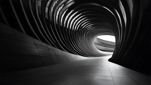 Spiraling steel corridor curling toward a distant glow.