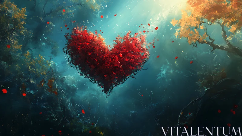 Red Heart Tree Suspended in Ethereal Teal Realm.